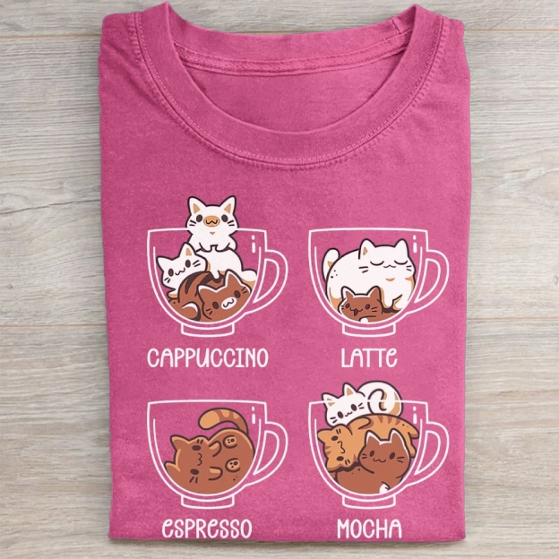 Cute Coffee Cup Cats Cartoon Vintage Washed Tee