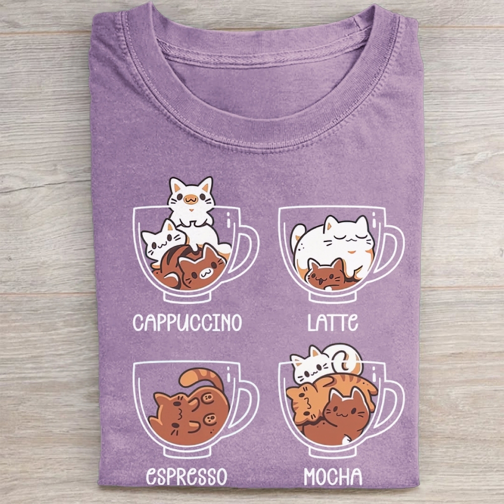 Cute Coffee Cup Cats Cartoon Vintage Washed Tee