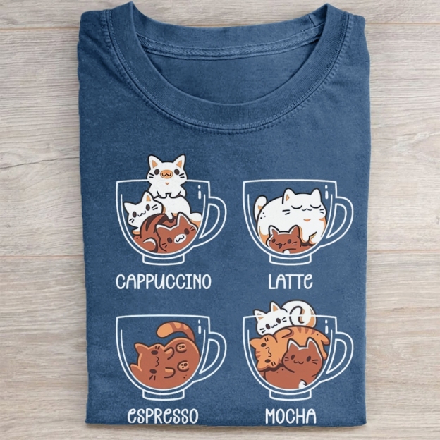 Cute Coffee Cup Cats Cartoon Vintage Washed Tee