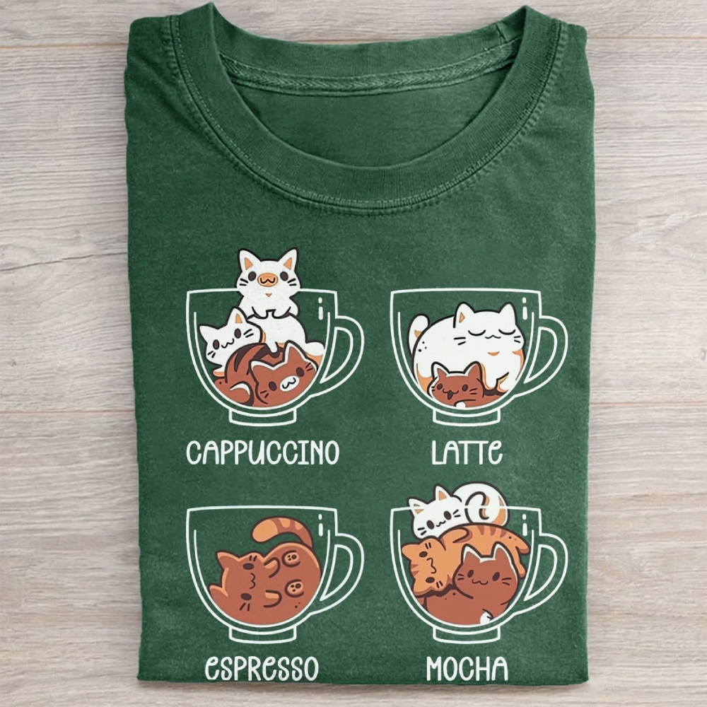 Cute Coffee Cup Cats Cartoon Vintage Washed Tee