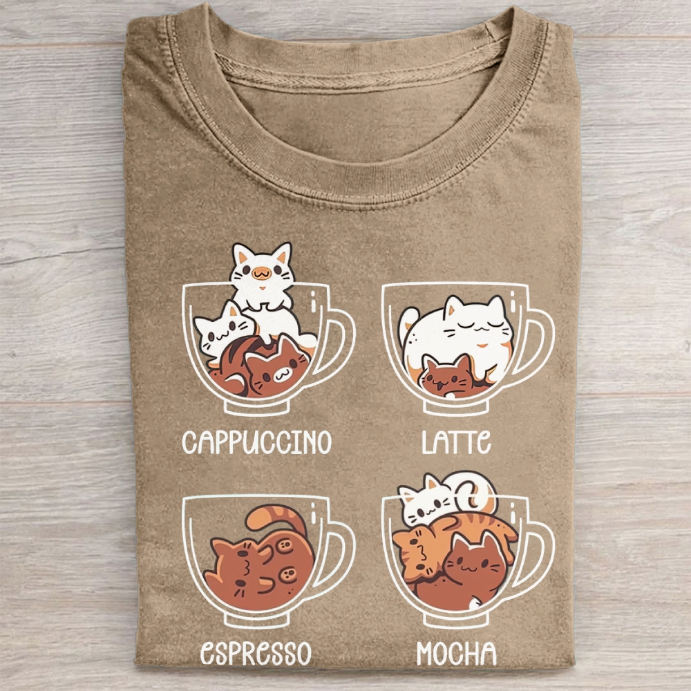 Cute Coffee Cup Cats Cartoon Vintage Washed Tee