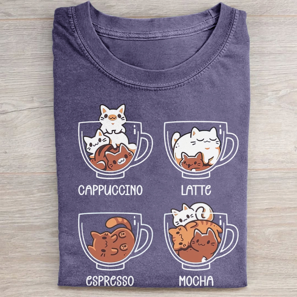 Cute Coffee Cup Cats Cartoon Vintage Washed Tee