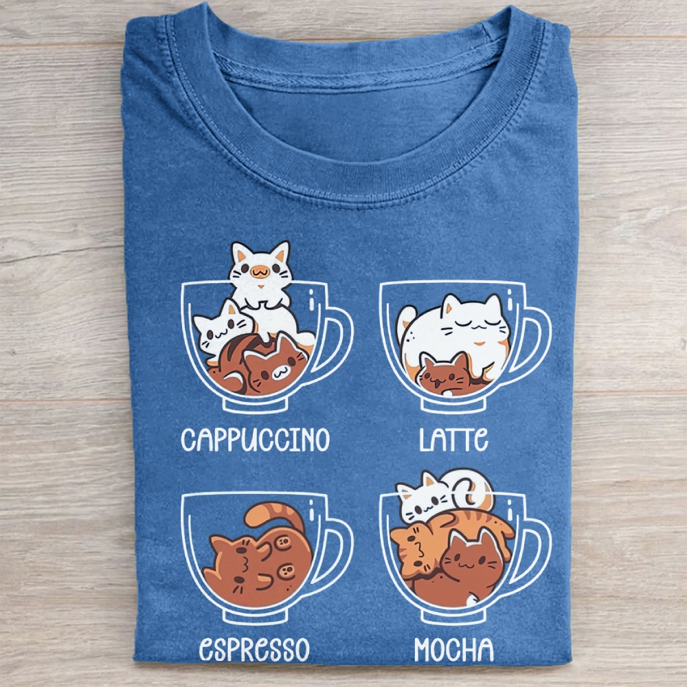 Cute Coffee Cup Cats Cartoon Vintage Washed Tee