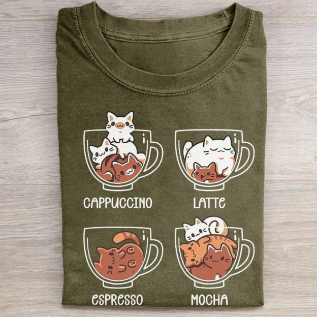 Cute Coffee Cup Cats Cartoon Vintage Washed Tee