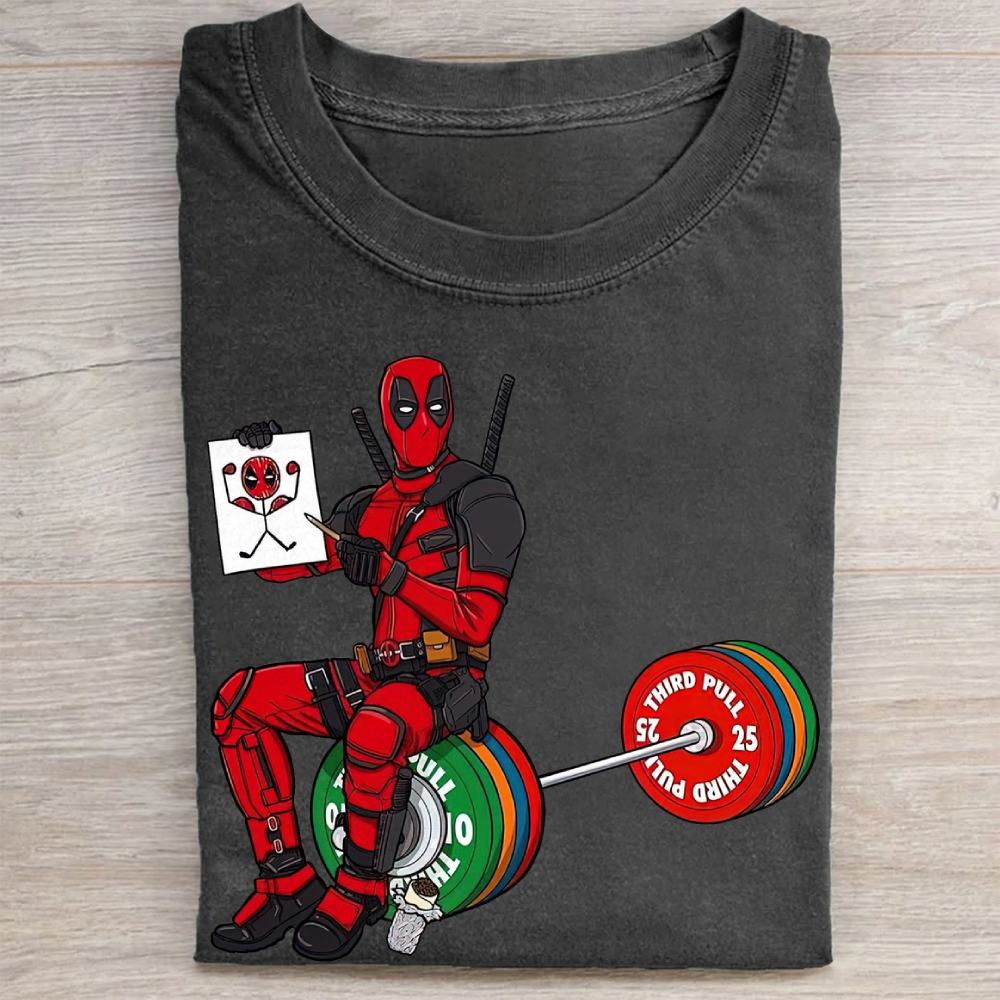 Deadpool Drawing on Barbell Funny Vintage Washed Tee