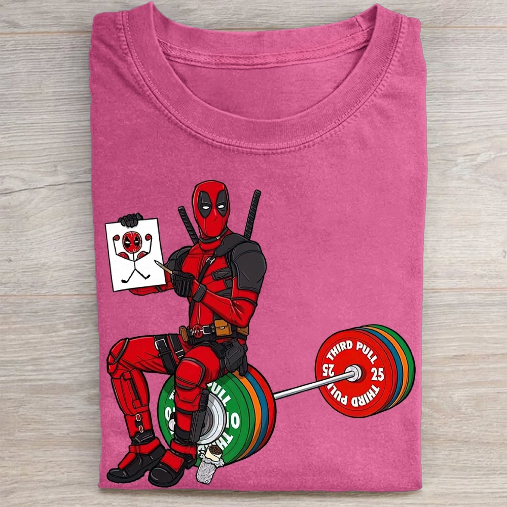 Deadpool Drawing on Barbell Funny Vintage Washed Tee