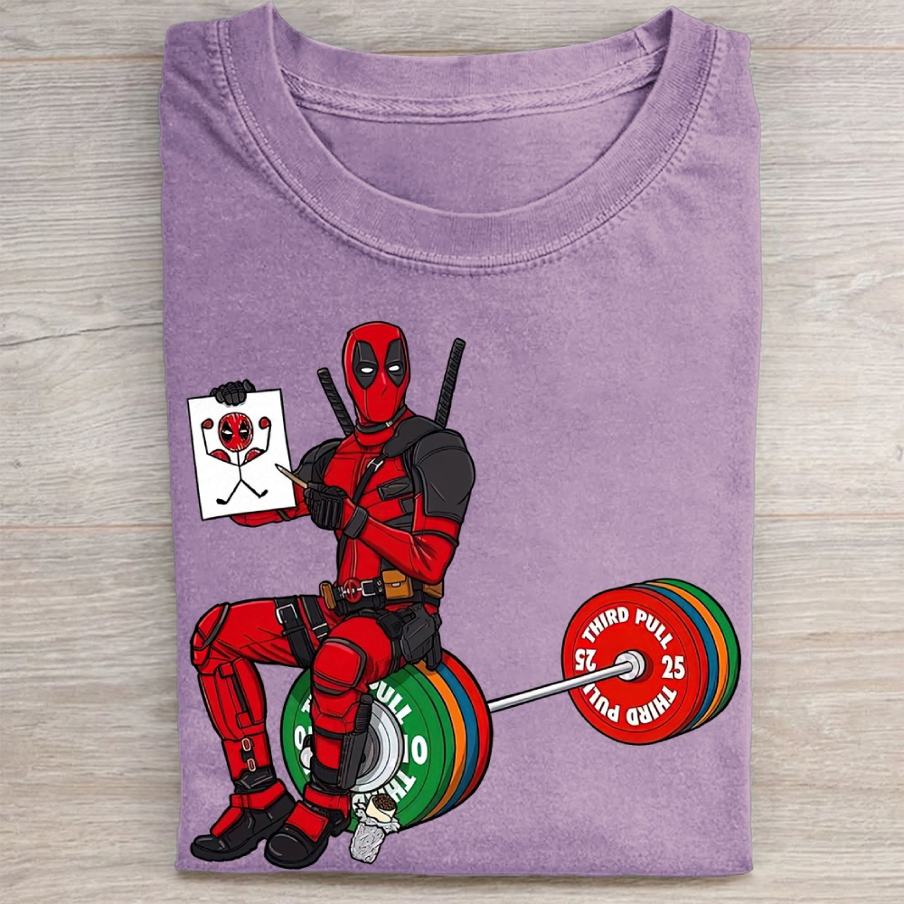 Deadpool Drawing on Barbell Funny Vintage Washed Tee