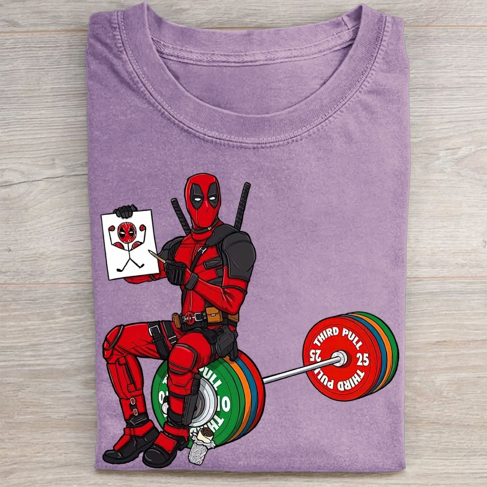 Deadpool Drawing on Barbell Funny Vintage Washed Tee