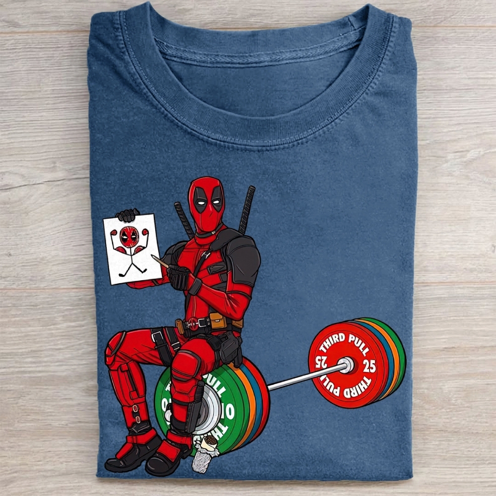 Deadpool Drawing on Barbell Funny Vintage Washed Tee