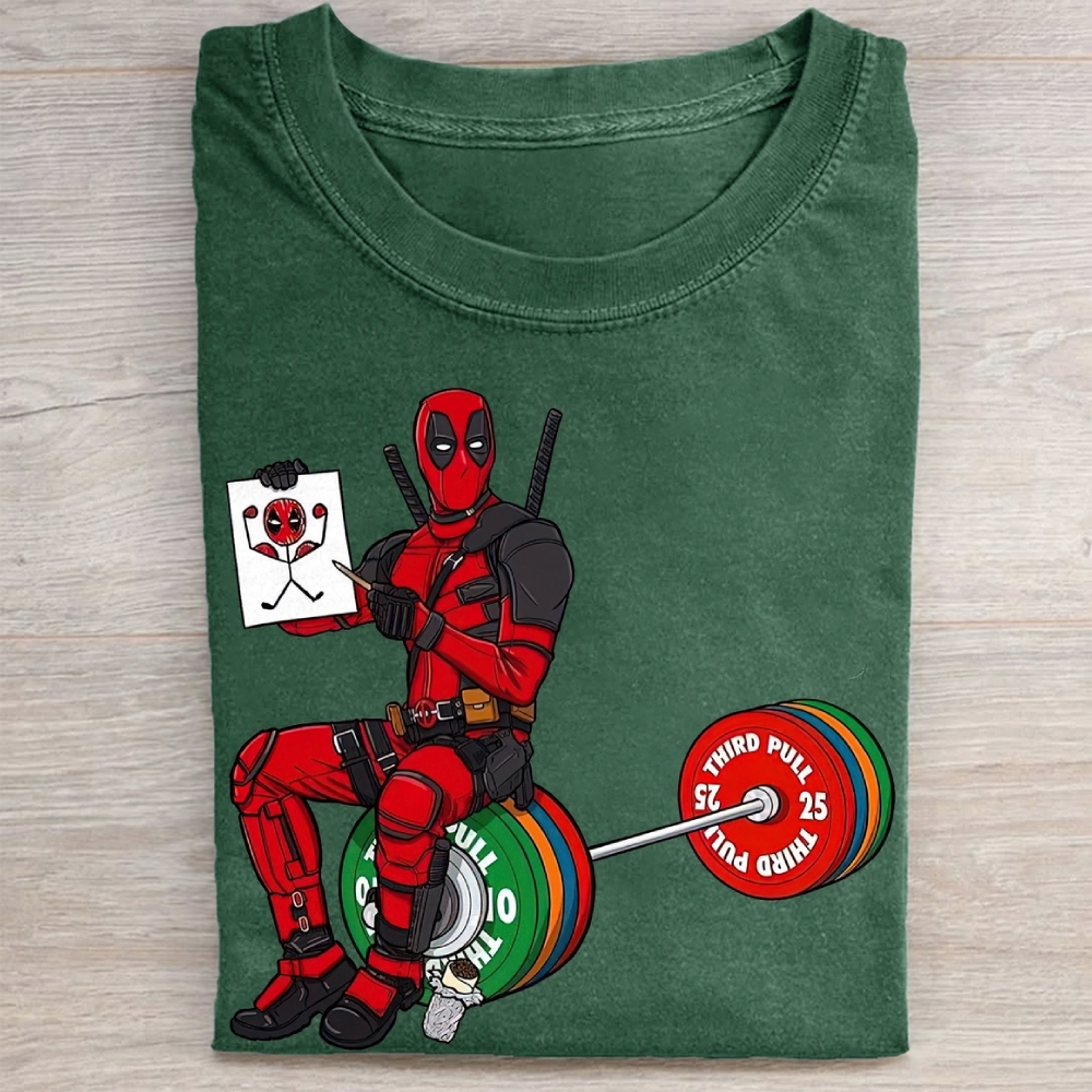 Deadpool Drawing on Barbell Funny Vintage Washed Tee