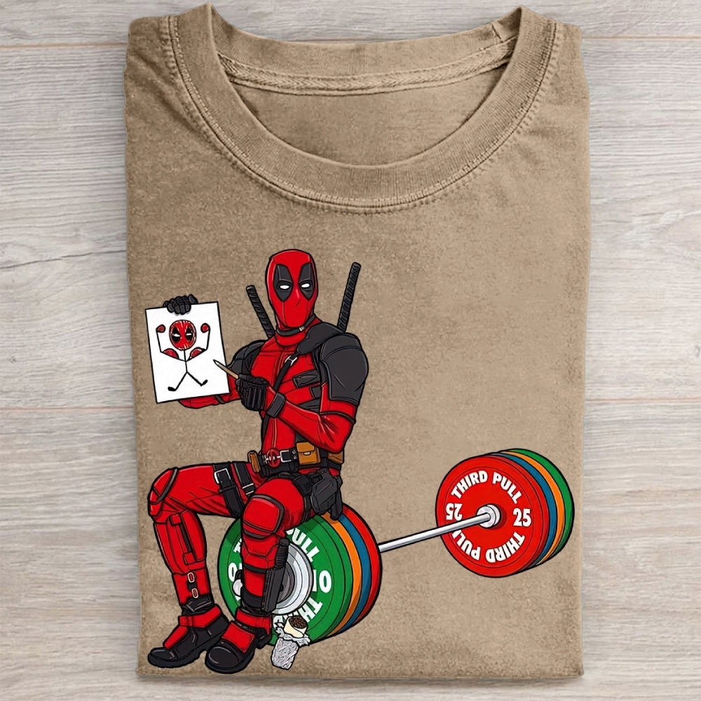 Deadpool Drawing on Barbell Funny Vintage Washed Tee