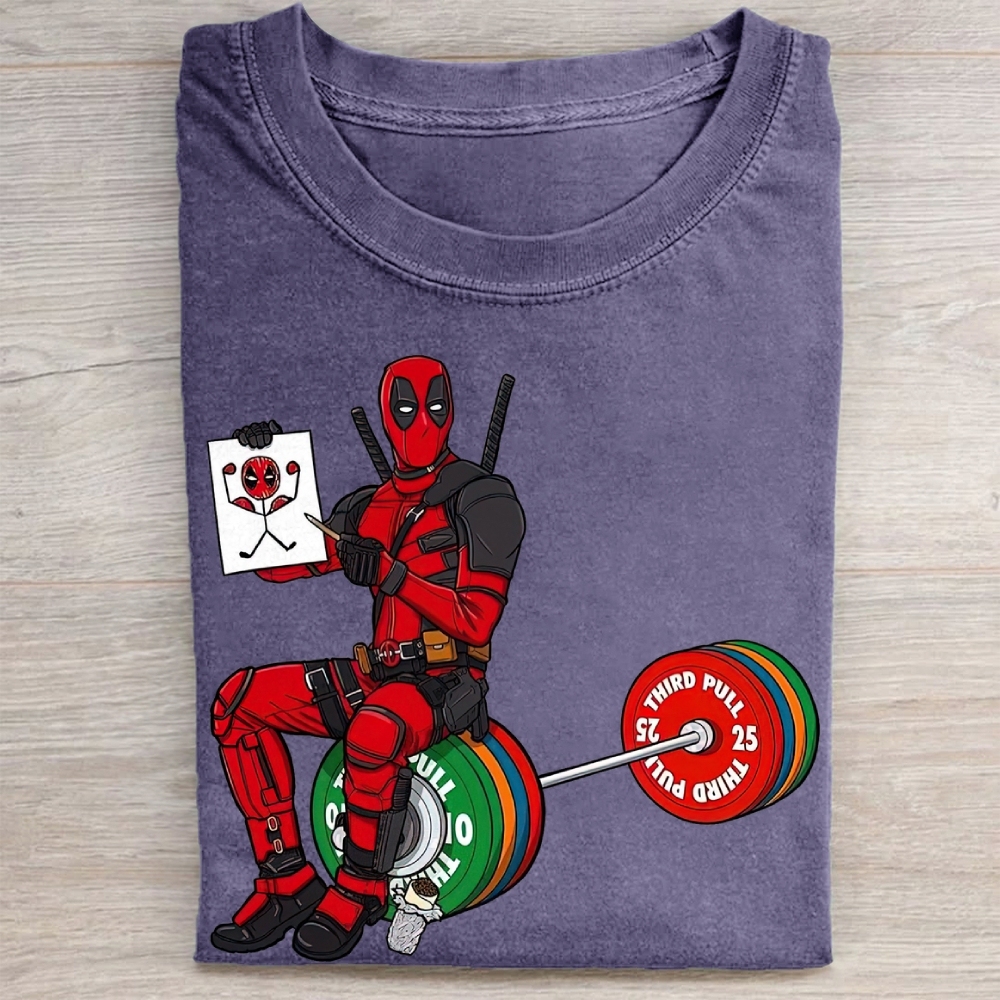 Deadpool Drawing on Barbell Funny Vintage Washed Tee