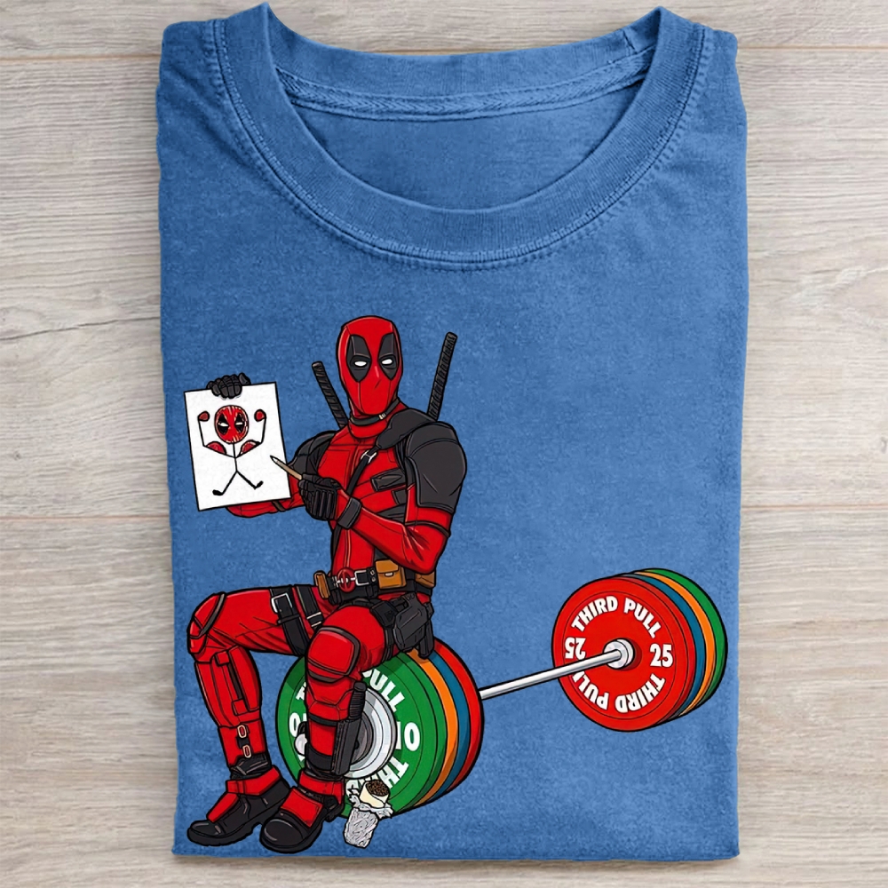 Deadpool Drawing on Barbell Funny Vintage Washed Tee