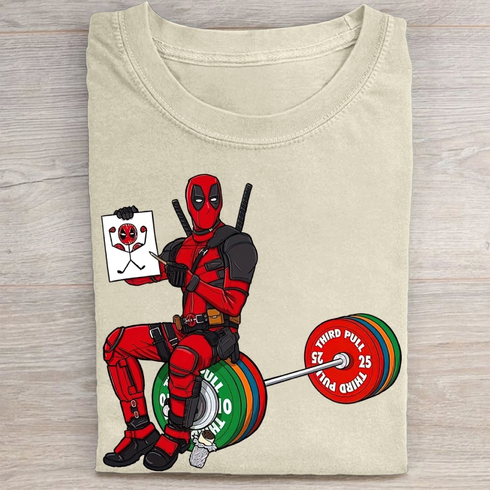 Deadpool Drawing on Barbell Funny Vintage Washed Tee