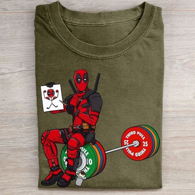 Deadpool Drawing on Barbell Funny Vintage Washed Tee