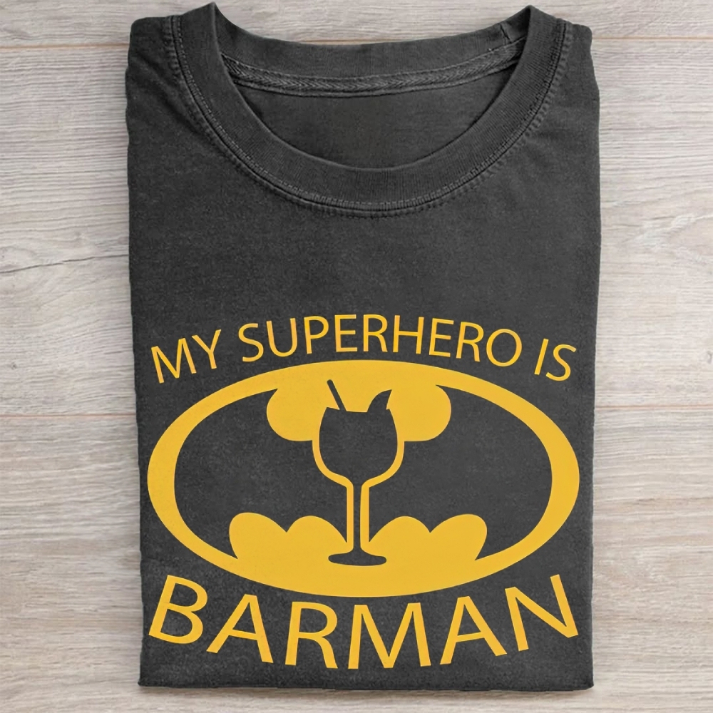 "My Superhero Is Barman" Cocktail Bat Logo Vintage Washed Tee