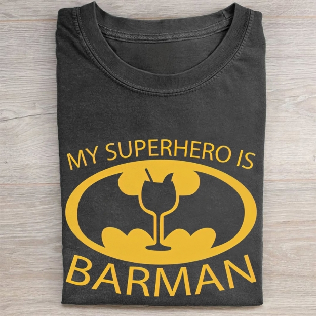 "My Superhero Is Barman" Cocktail Bat Logo Vintage Washed Tee