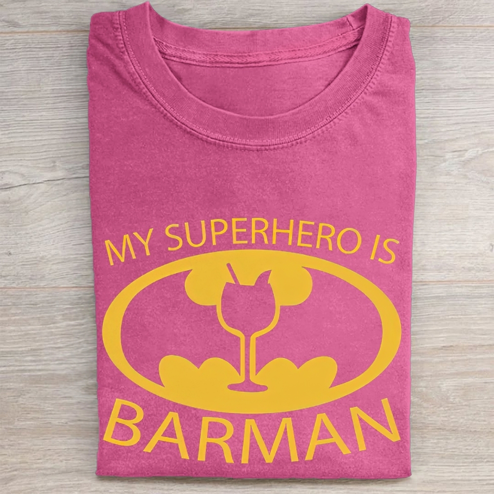 "My Superhero Is Barman" Cocktail Bat Logo Vintage Washed Tee