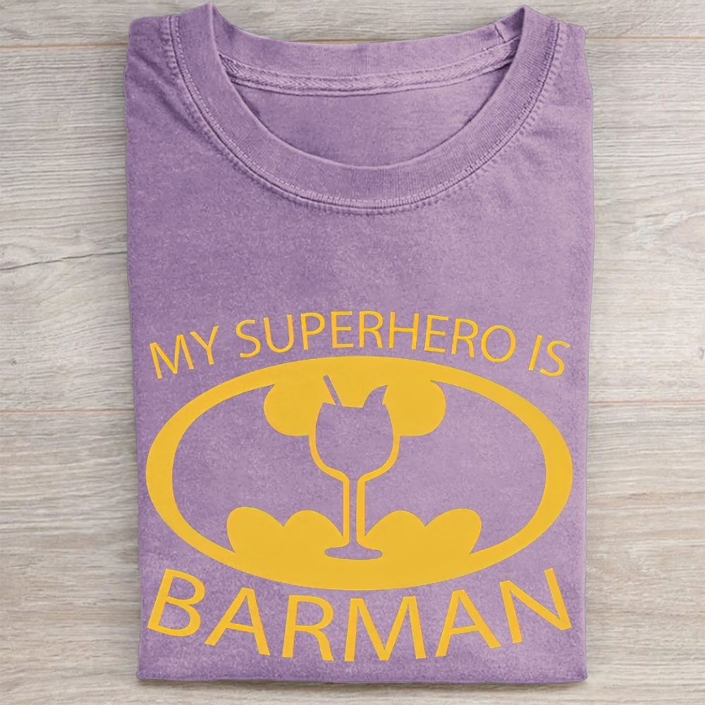 "My Superhero Is Barman" Cocktail Bat Logo Vintage Washed Tee