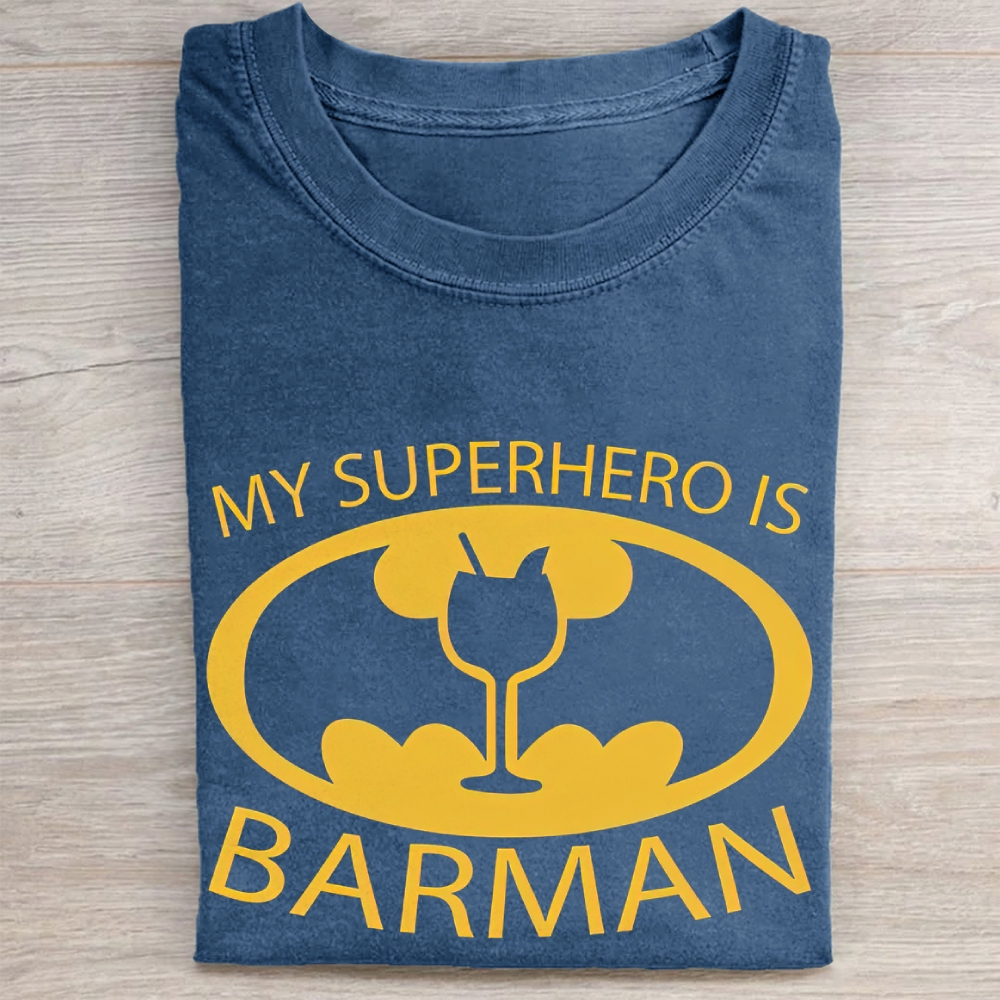 "My Superhero Is Barman" Cocktail Bat Logo Vintage Washed Tee