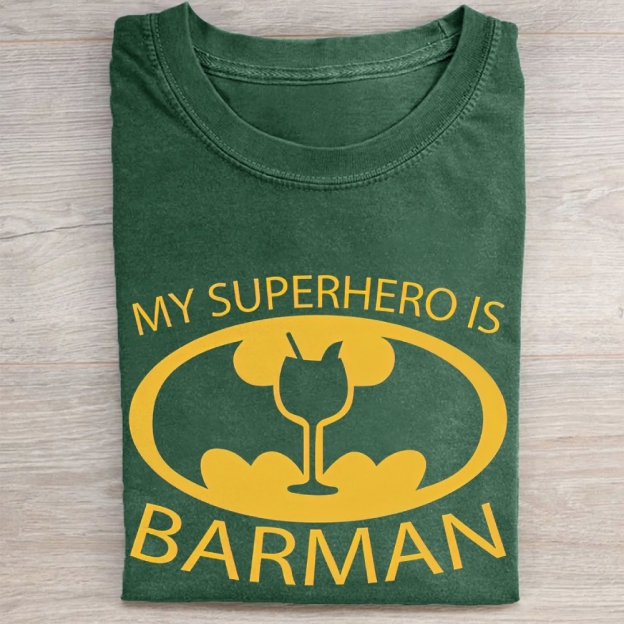 "My Superhero Is Barman" Cocktail Bat Logo Vintage Washed Tee