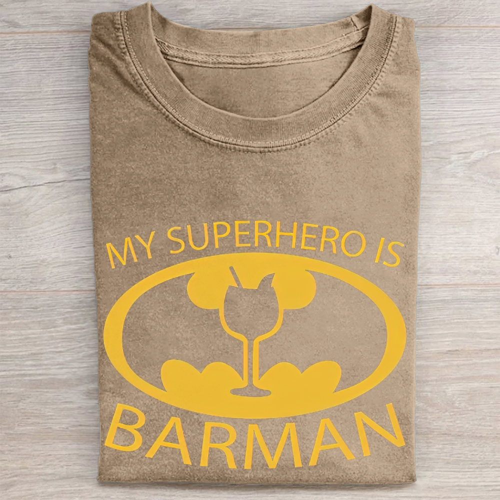 "My Superhero Is Barman" Cocktail Bat Logo Vintage Washed Tee