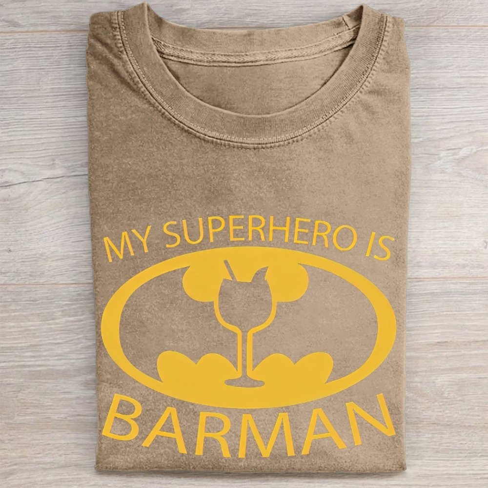 "My Superhero Is Barman" Cocktail Bat Logo Vintage Washed Tee