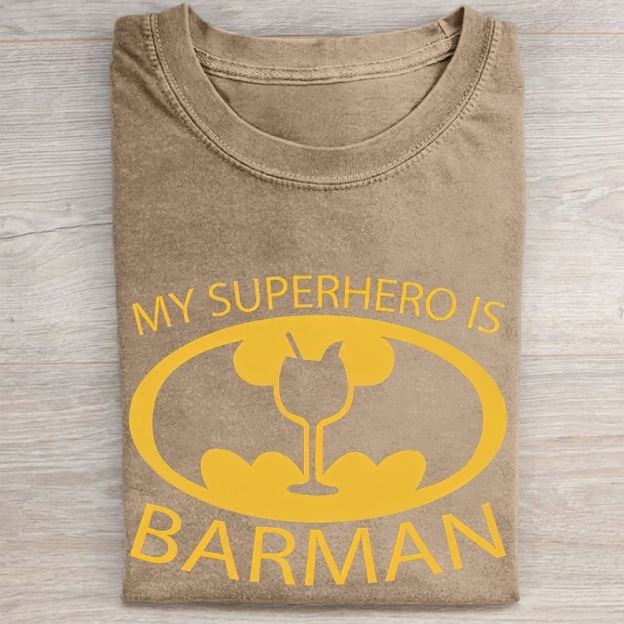 "My Superhero Is Barman" Cocktail Bat Logo Vintage Washed Tee