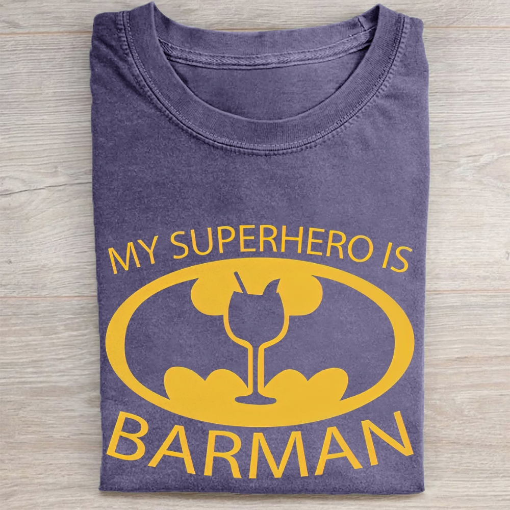 "My Superhero Is Barman" Cocktail Bat Logo Vintage Washed Tee