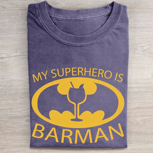 "My Superhero Is Barman" Cocktail Bat Logo Vintage Washed Tee