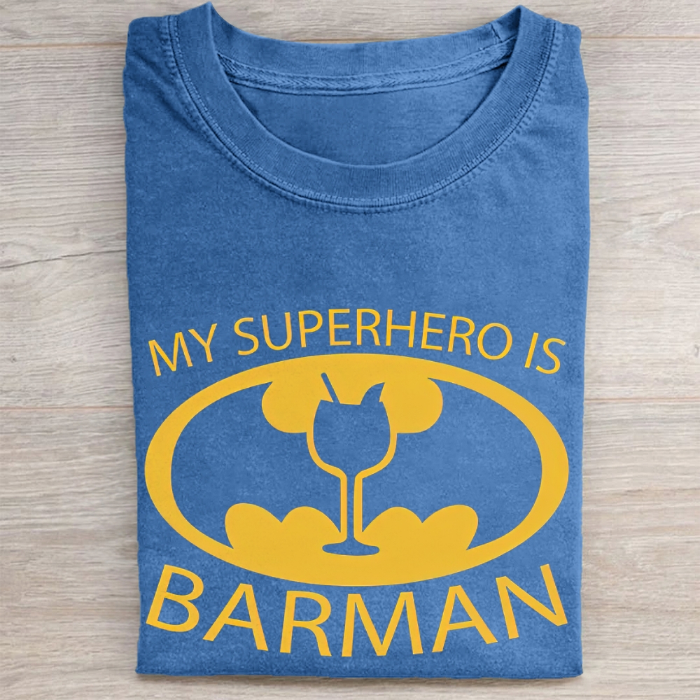 "My Superhero Is Barman" Cocktail Bat Logo Vintage Washed Tee
