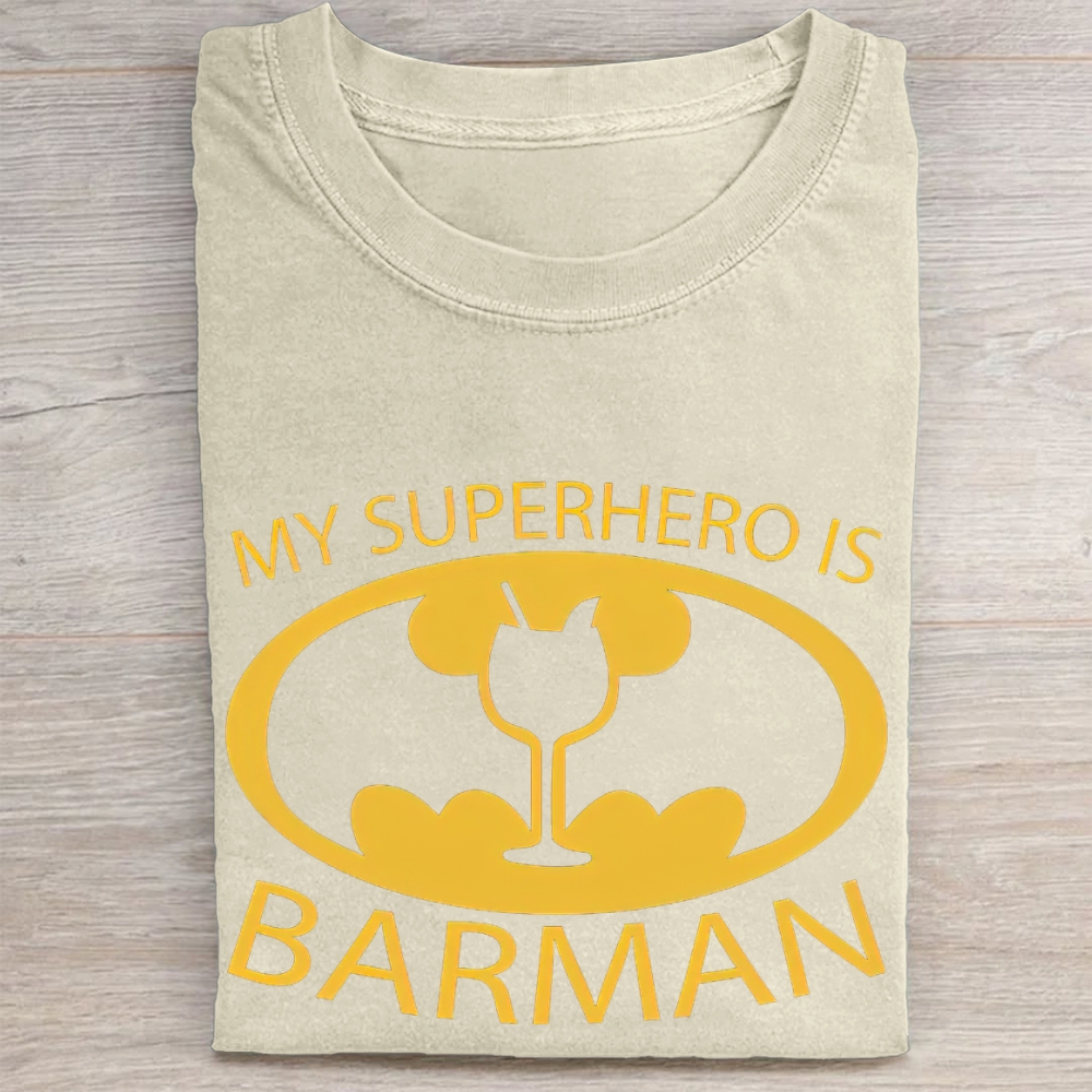 "My Superhero Is Barman" Cocktail Bat Logo Vintage Washed Tee