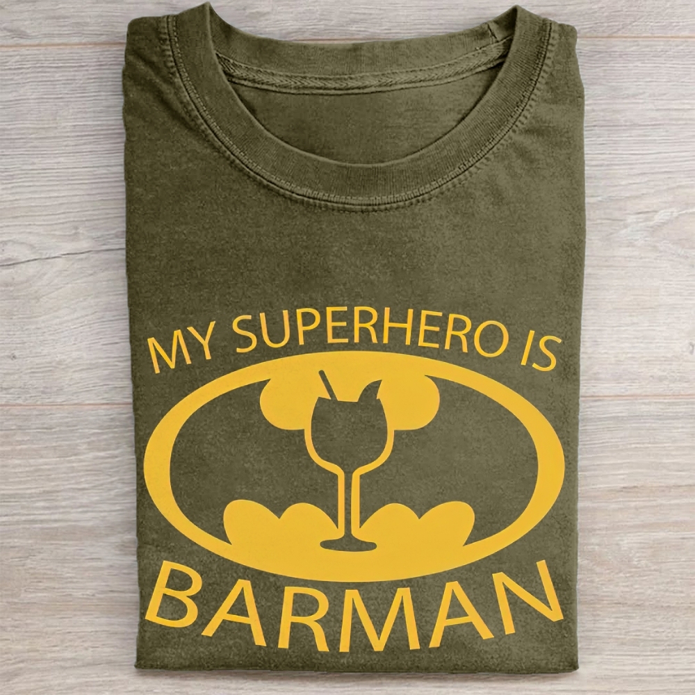 "My Superhero Is Barman" Cocktail Bat Logo Vintage Washed Tee