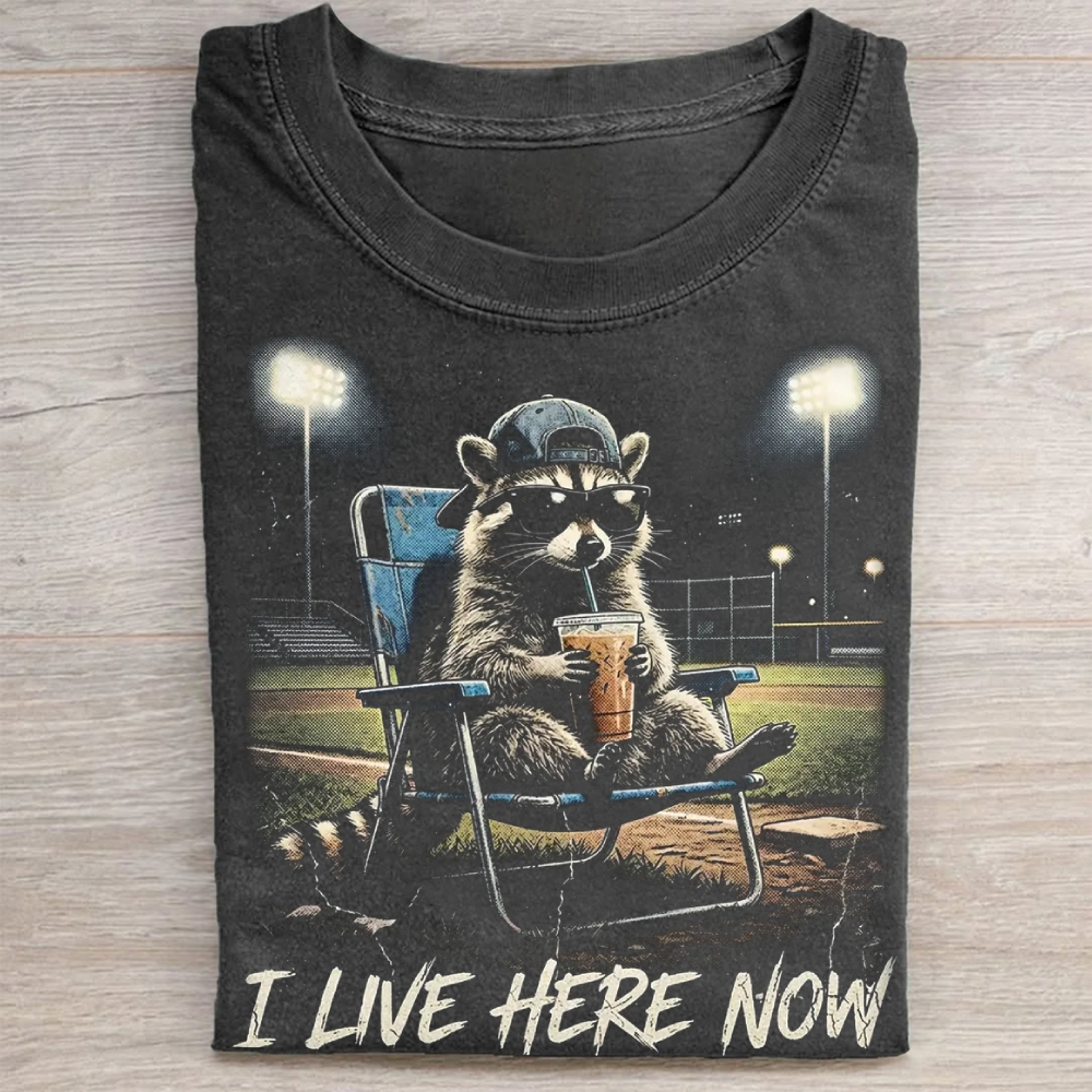 "I Live Here Now" Raccoon Baseball Field Vintage Washed Tee