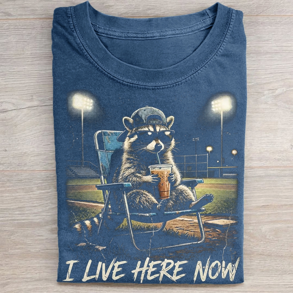 "I Live Here Now" Raccoon Baseball Field Vintage Washed Tee