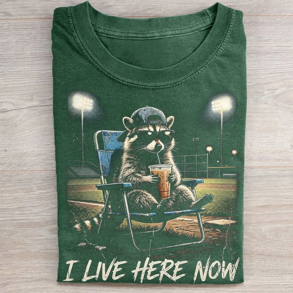 "I Live Here Now" Raccoon Baseball Field Vintage Washed Tee
