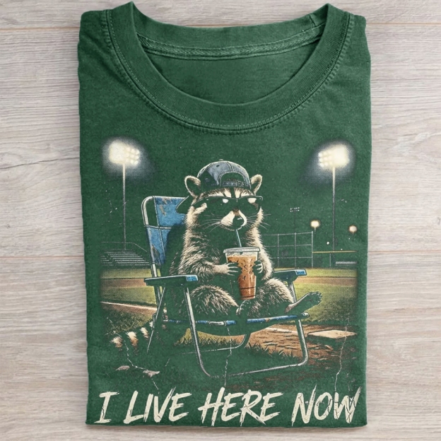"I Live Here Now" Raccoon Baseball Field Vintage Washed Tee