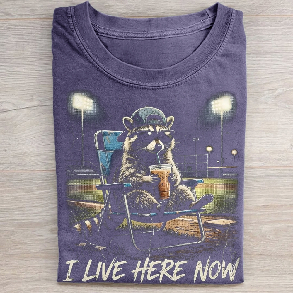 "I Live Here Now" Raccoon Baseball Field Vintage Washed Tee