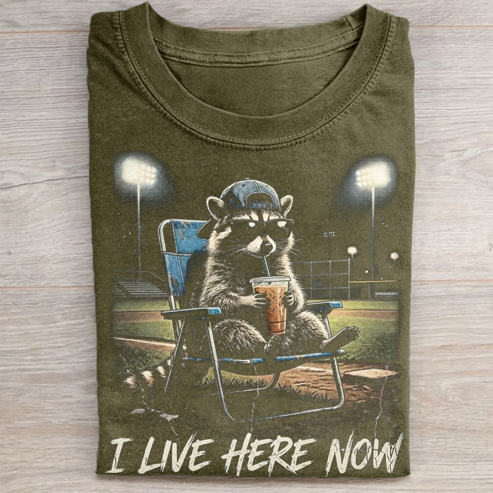 "I Live Here Now" Raccoon Baseball Field Vintage Washed Tee