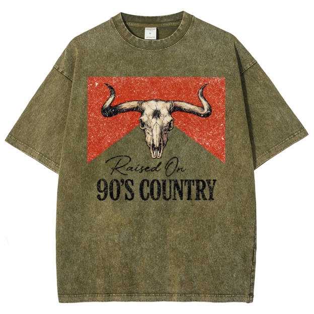 "Raised On 90's Country" Bull Skull Washed T-Shirt