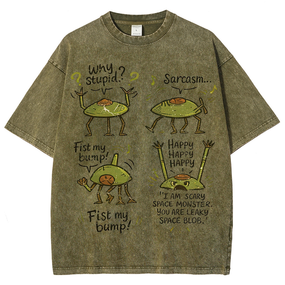 "Sarcastic Space Monster" Retro Cartoon Washed T-Shirt