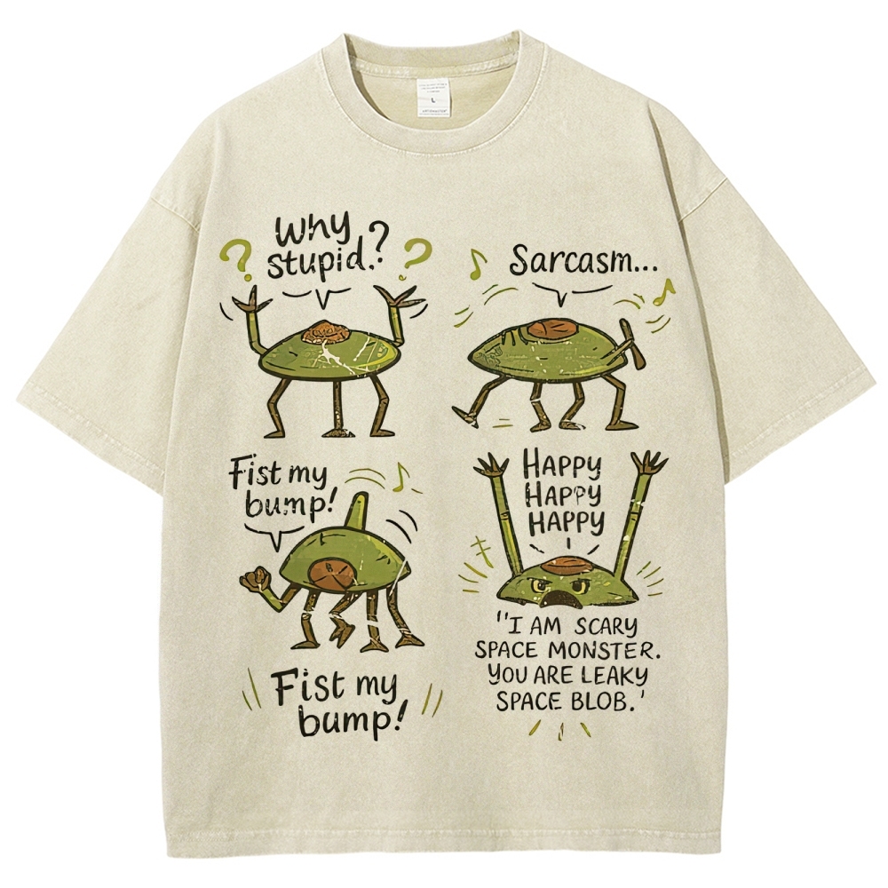 "Sarcastic Space Monster" Retro Cartoon Washed T-Shirt