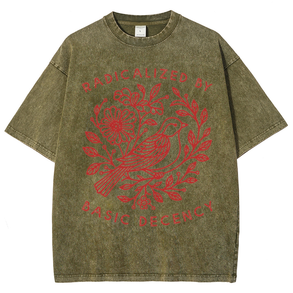"Radicalized By Basic Decency" Folk Art Bird & Floral  Washed T-Shirt