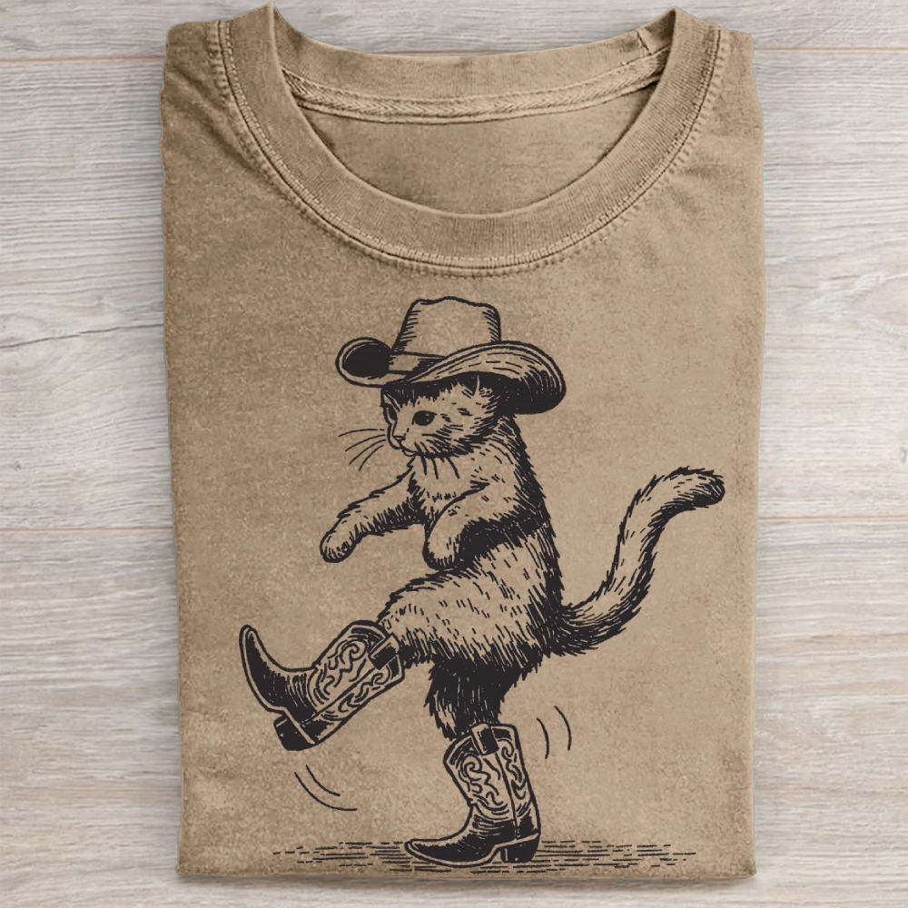 Dancing Cowboy Cat Western Vintage Washed Tee