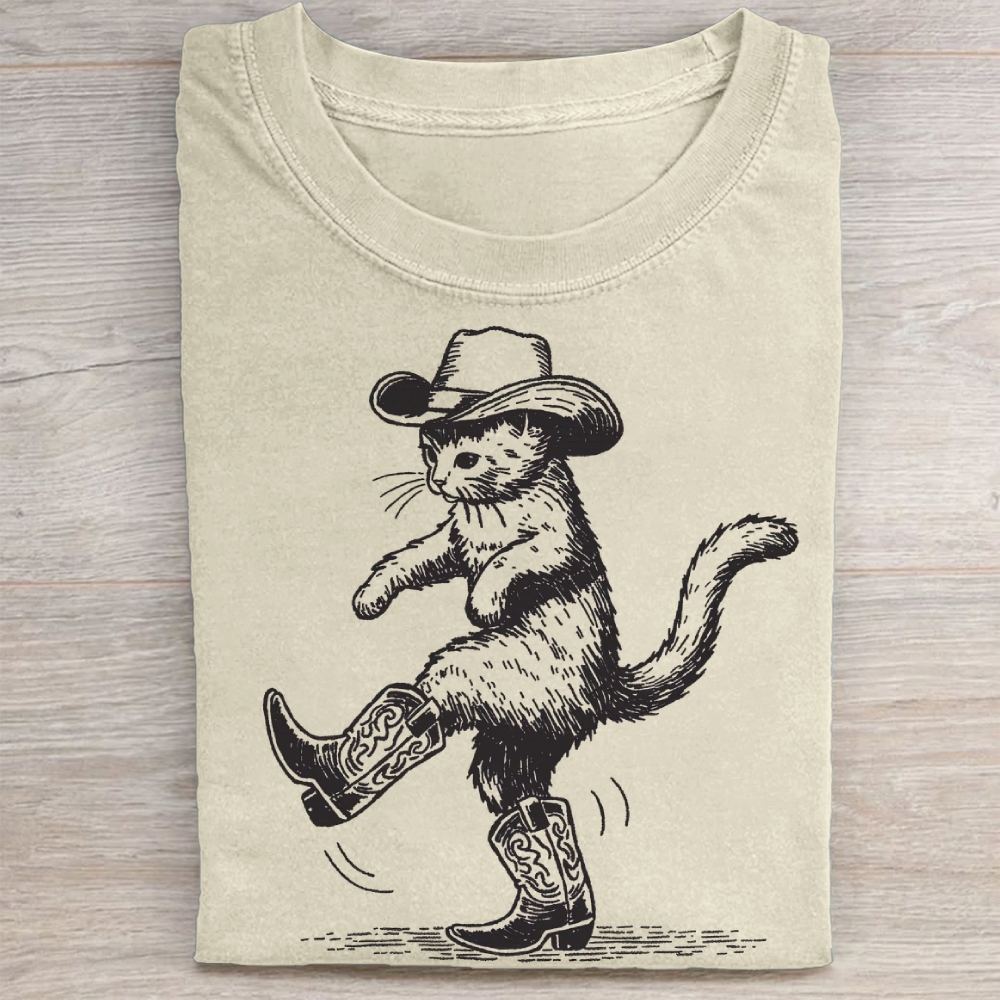 Dancing Cowboy Cat Western Vintage Washed Tee