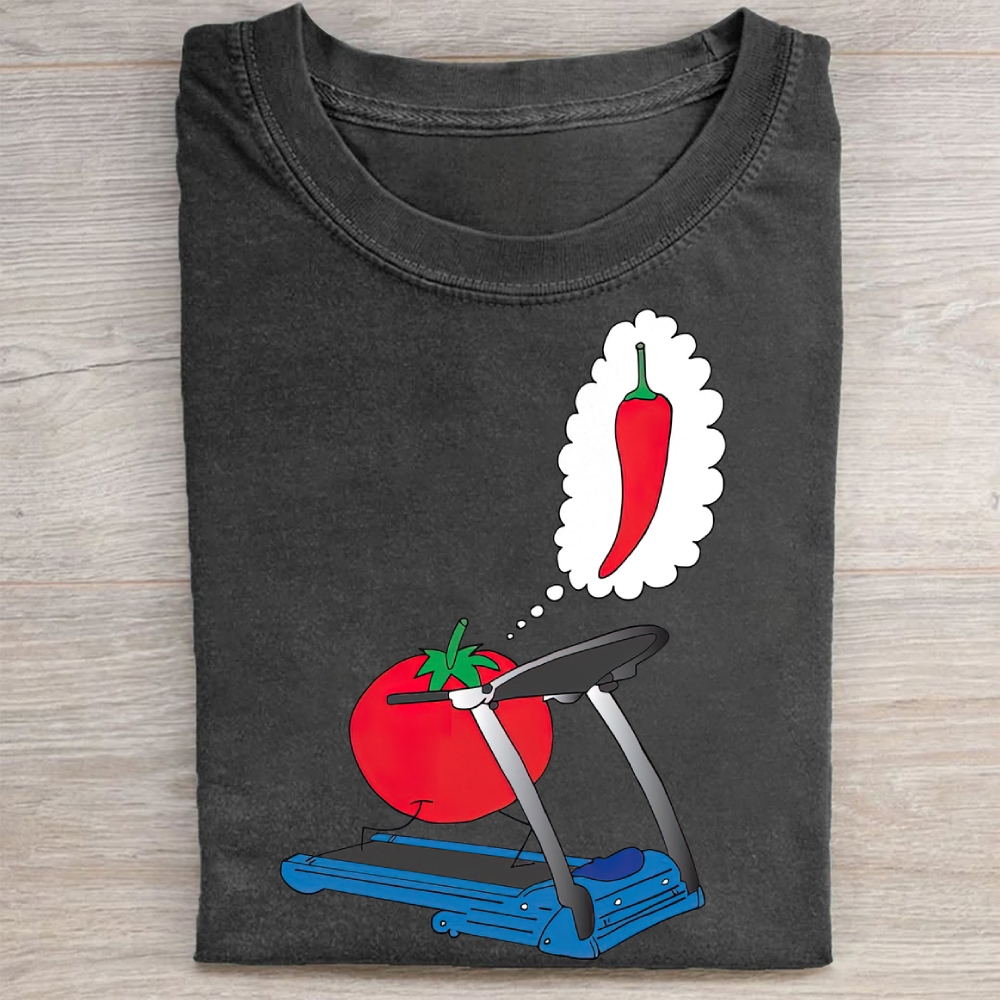 Tomato on Treadmill Dreaming of Chili Funny Food Meme Vintage Washed Tee
