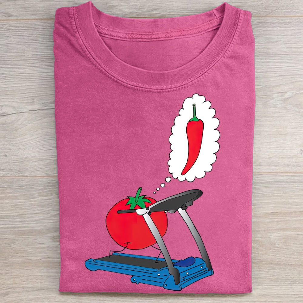 Tomato on Treadmill Dreaming of Chili Funny Food Meme Vintage Washed Tee