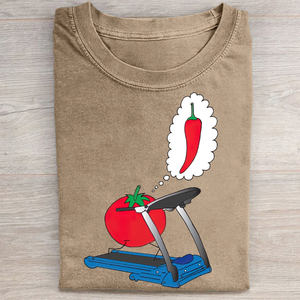 Tomato on Treadmill Dreaming of Chili Funny Food Meme Vintage Washed Tee