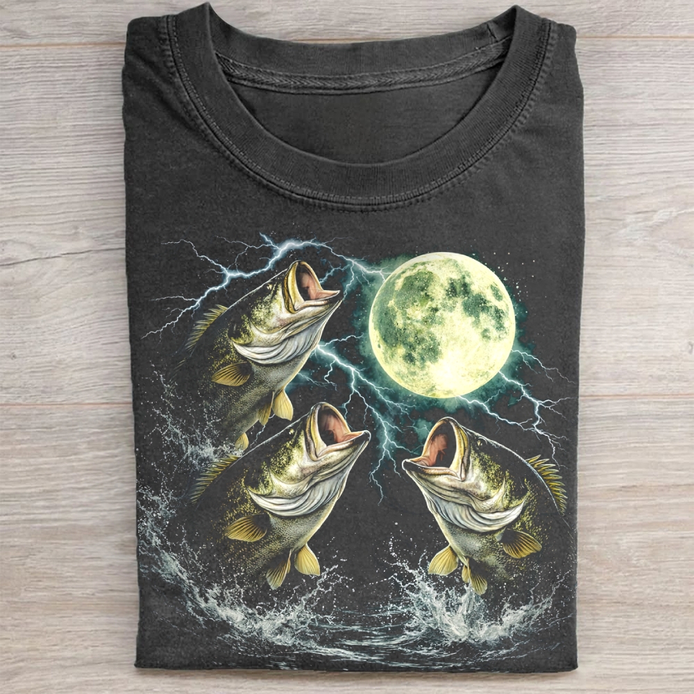 Bass Fish Moon 90s Vintage Graphic Washed Tee 