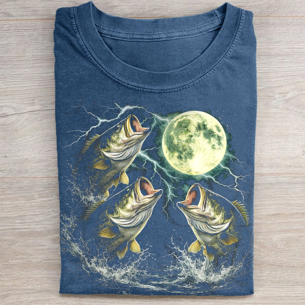 Bass Fish Moon 90s Vintage Graphic Washed Tee 